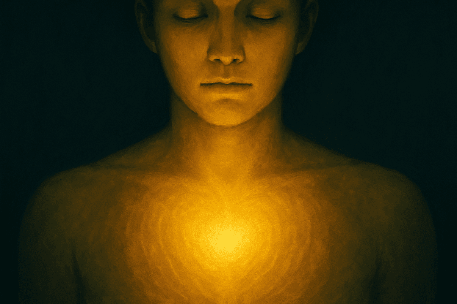 Golden Heart Pulse: a glowing golden heart radiates concentric waves of light outward, forming a gentle pulse pattern. The design is minimal and luminous, evoking warmth, love, and resonance in a field of soft gradients.