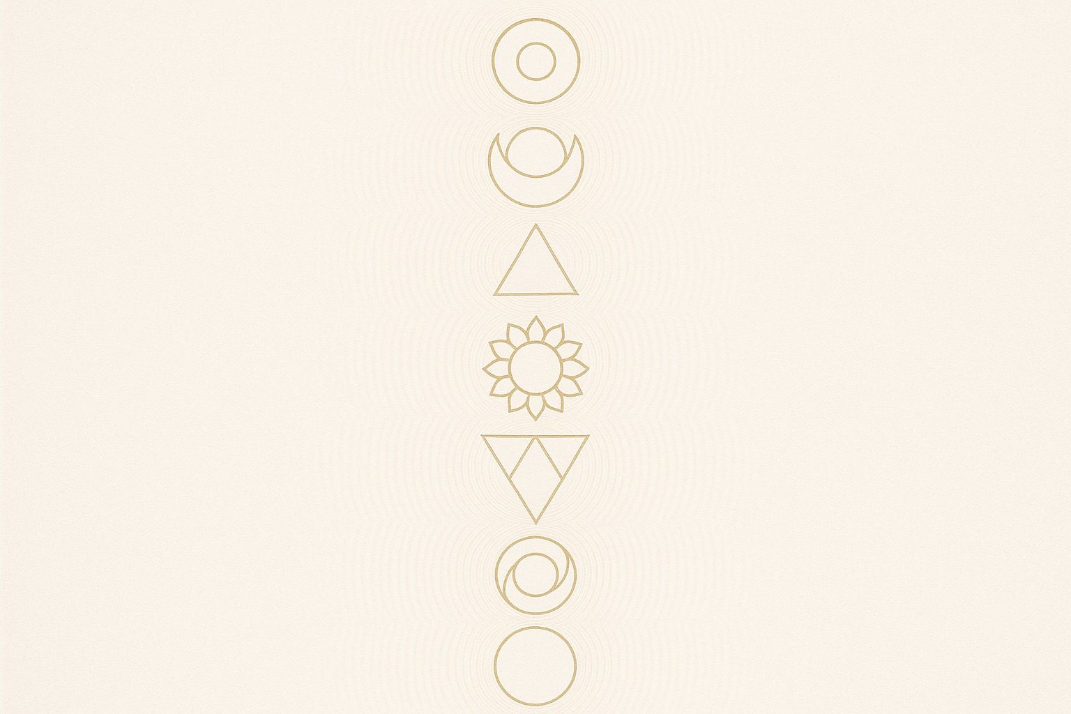 Vertical row of minimalist geometric chakra-inspired symbols with gentle radiating sound waves, illustrating bija mantras for each chakra.