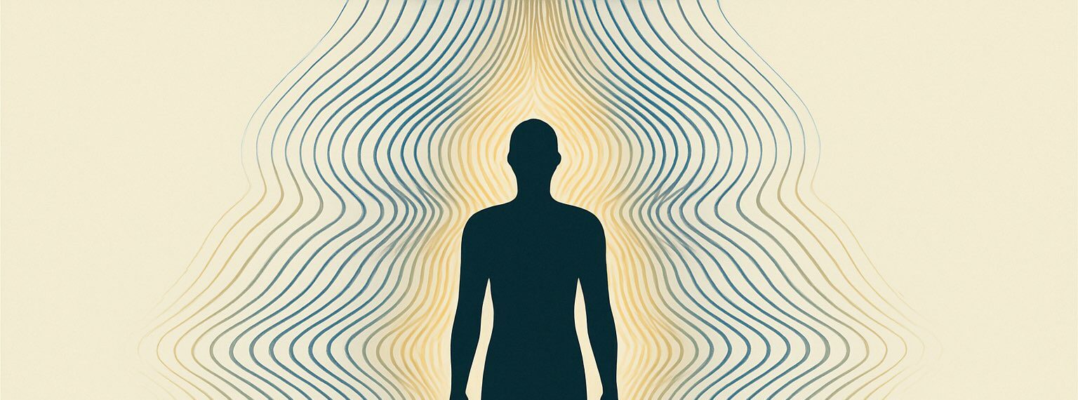 Abstract silhouette surrounded by flowing waveforms representing the human energy field and the vibrational resonance of bija mantras.