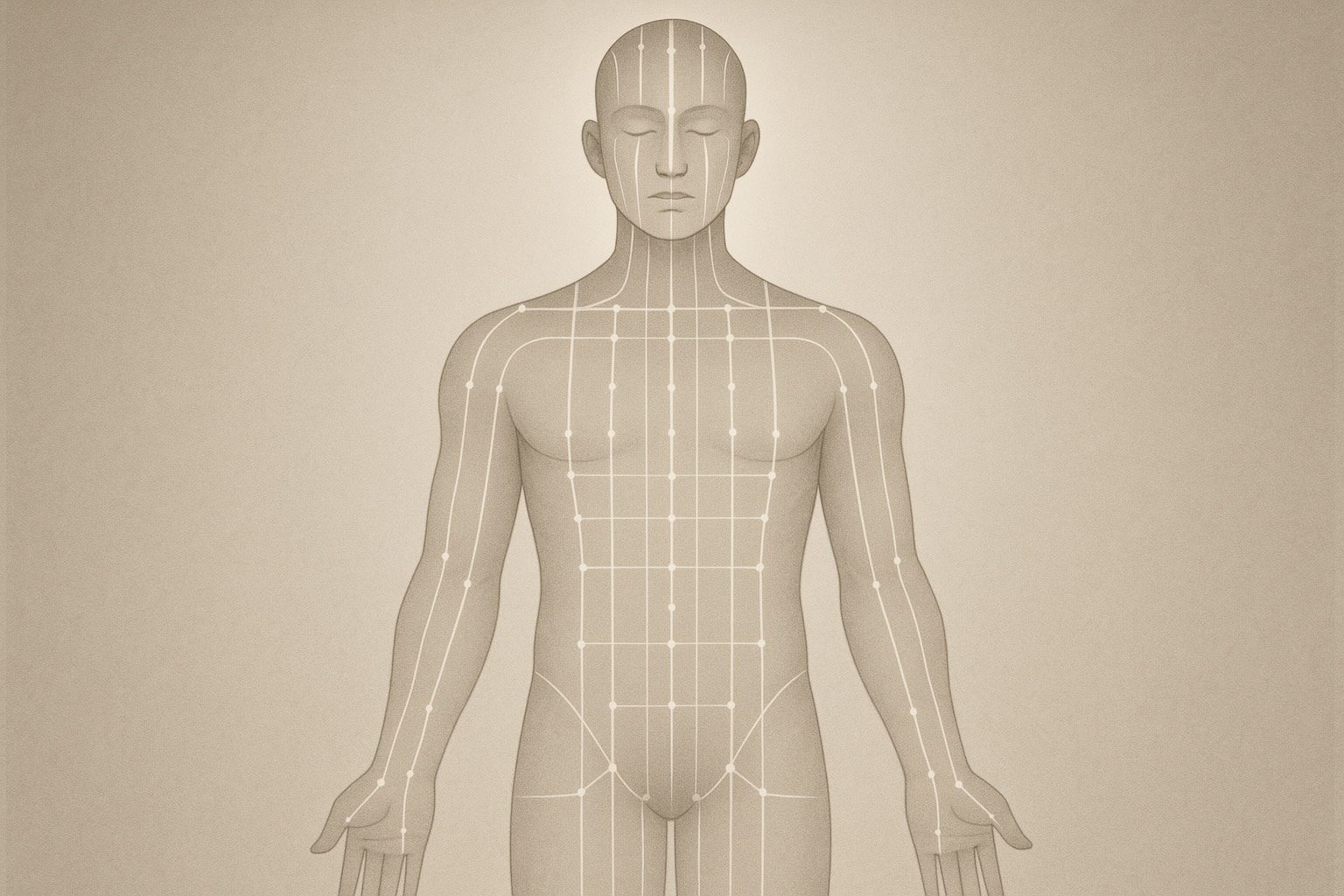 Contemporary acupuncture meridian map illustrating the body's energy channels with clean anatomical lines and labeled pathways, showing major meridians across the torso, arms, and legs on a neutral background.