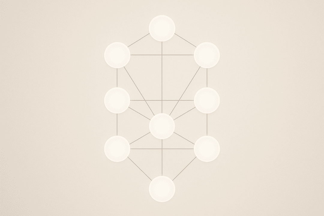 Modern depiction of the Tree of Life (Sefirot) from Qabalah, featuring ten interconnected spheres and twenty-two paths arranged in a symmetrical vertical pattern, rendered with clean geometric lines and minimalist design.