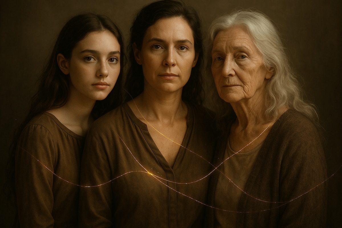 Portrait of three women from different generations connected by golden light lines, symbolizing inherited ancestral patterns and energy flow.