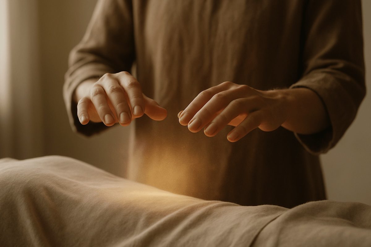 Close-up of practitioner’s hands hovering above a body, radiating golden light to represent subtle energy healing and restoration.