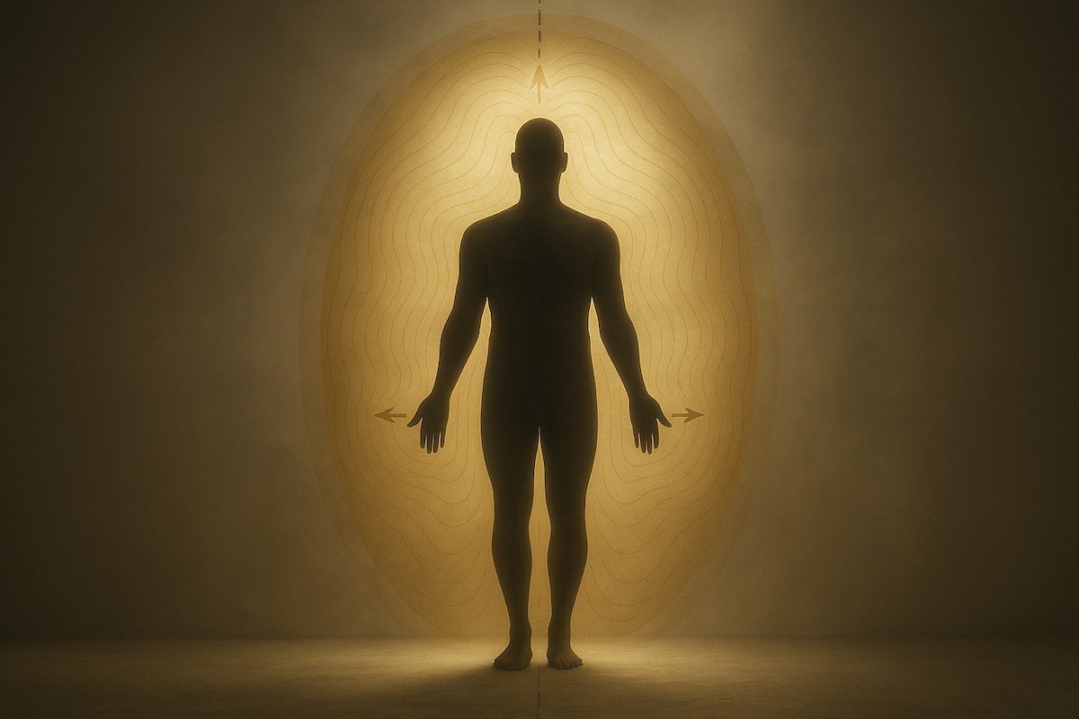 Illustration of a human figure surrounded by a golden, symmetrical aura field, representing balance and energy coherence.