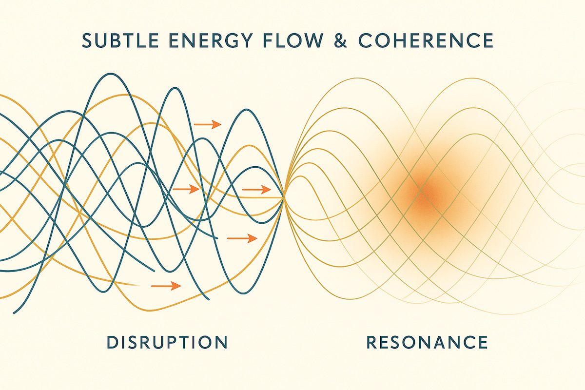 Diagram showing the difference between disrupted subtle energy flow with tangled waveforms and coherent resonance with smooth, aligned energy patterns.