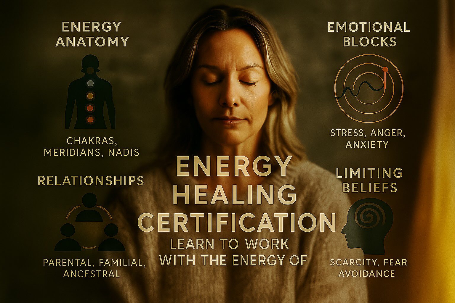 Woman meditating with eyes closed, surrounded by infographic labels like energy anatomy, emotional blocks, relationships, and limiting beliefs, representing the core curriculum of Field Dynamics’ energy healing certification.