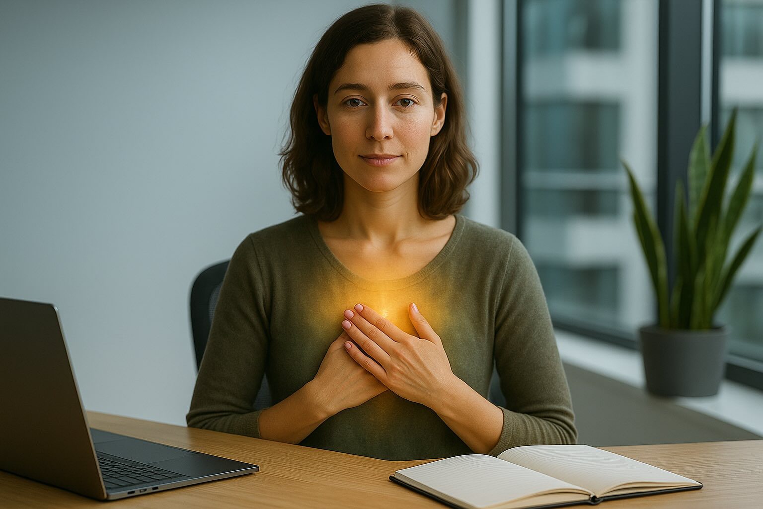 Professional woman seated at a desk with hands over her heart, glowing with subtle energy light, symbolizing the integration of energy healing into modern workspaces.